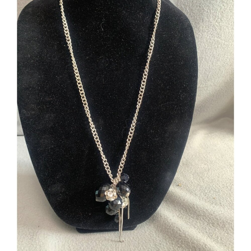 Silver Tone Chain Necklace with Black & Clear Beads Pendant 30"